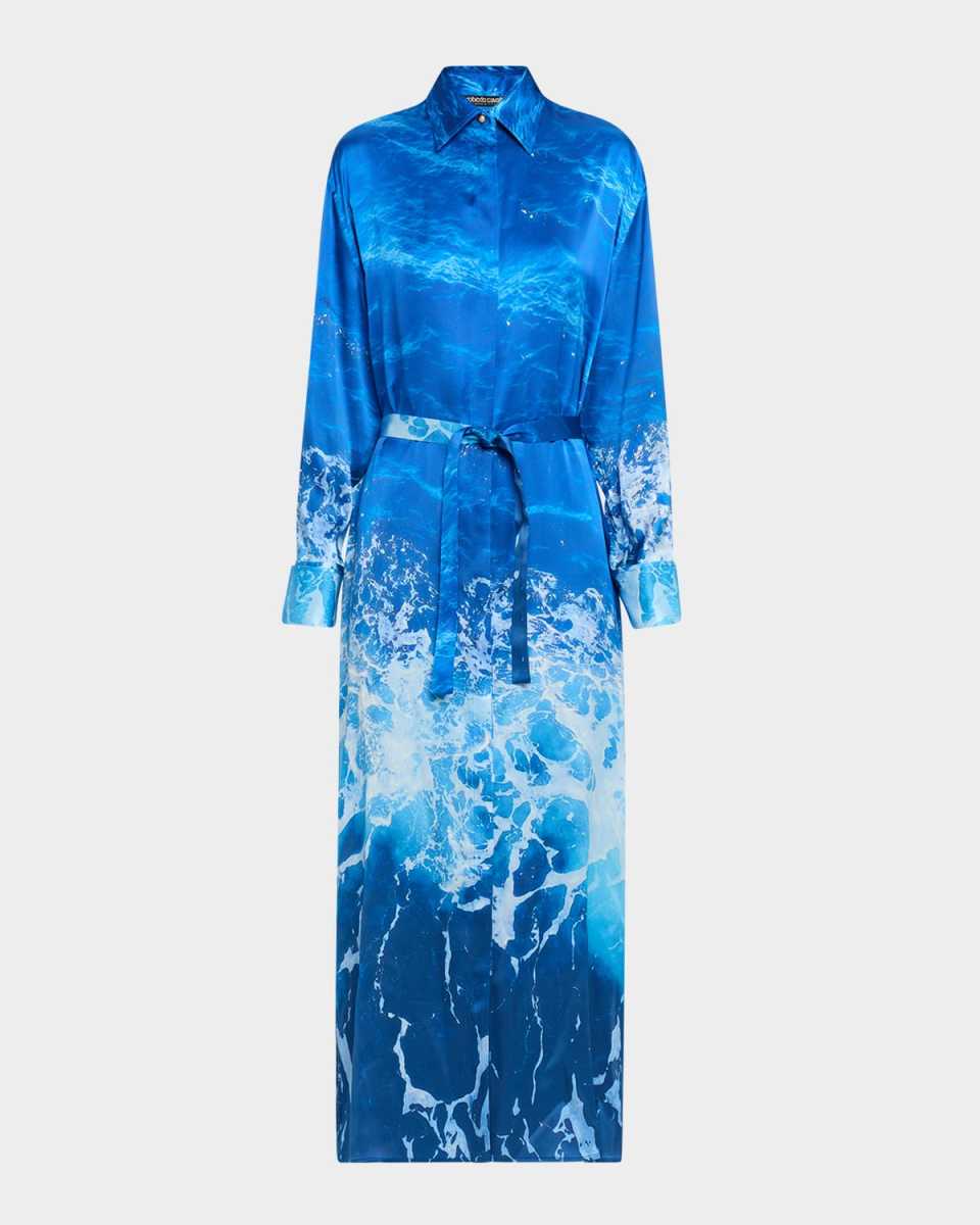 Sicily Ocean-Print Silk Belted Maxi Shirtdress